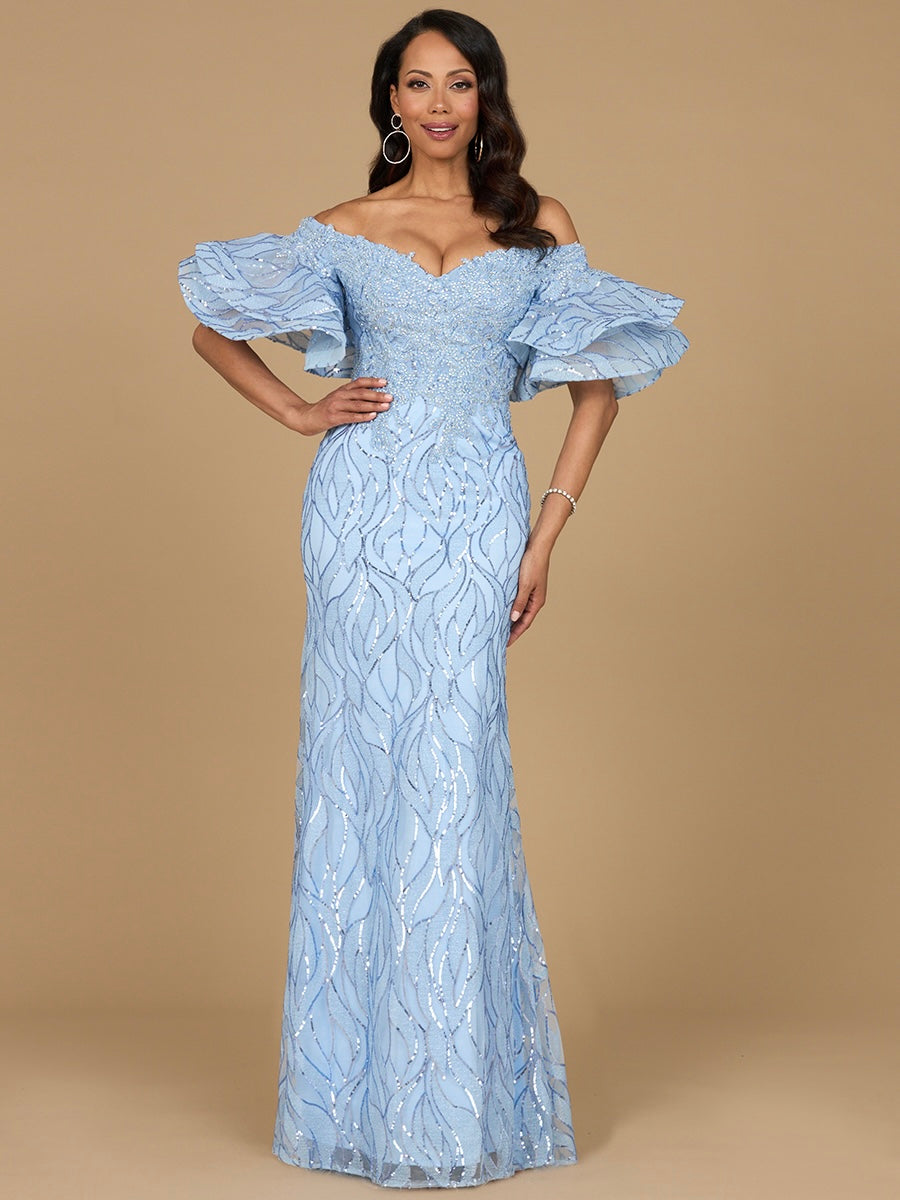 Off Shoulder Mermaid Beaded Gown with Tiered Cape Sleeves