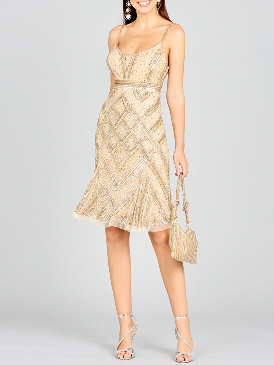 Beaded Flounce Short Dress with Spaghetti Straps