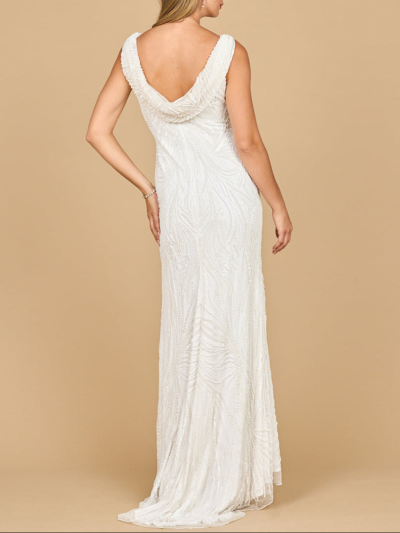 Beaded Draped Cowl Back Wedding Gown