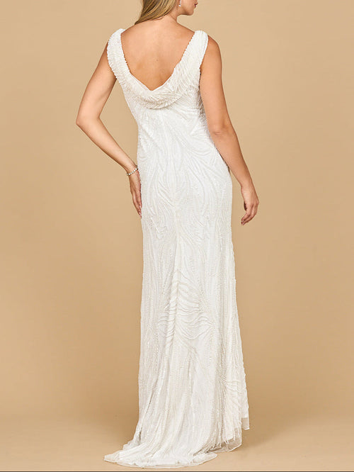 Beaded Draped Cowl Back Wedding Gown