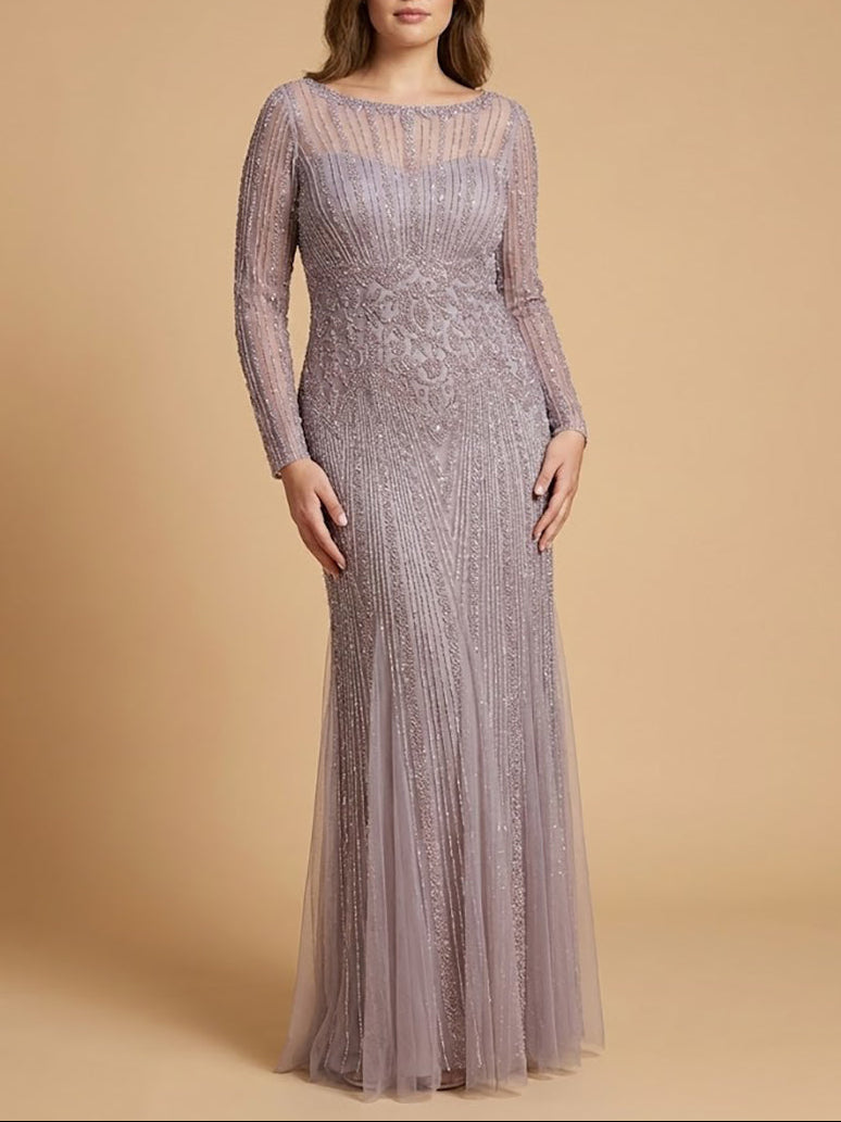 Long Sleeve High Neck Beaded Mermaid Gown